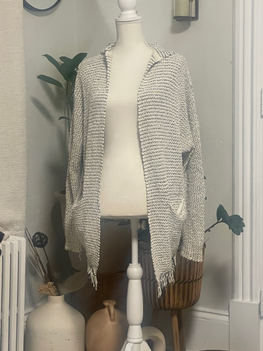 Free People Cream Open-Front Hooded Cardigan